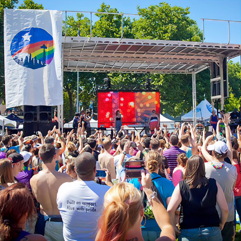 Crowd gathered in front of a Seattle PrideFest stage